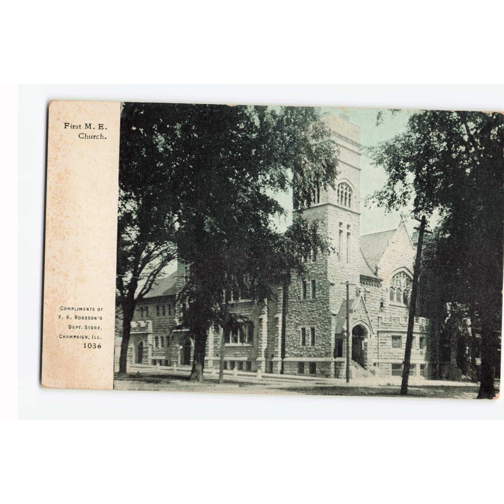 Vintage First M. E. Church Champaign Illinois Postcard FK Robeson Advertising